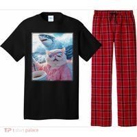 Cool Relaxed Cat on a Yacht Boat with Shark Funny Cat Meme Pajama Set thumb 0