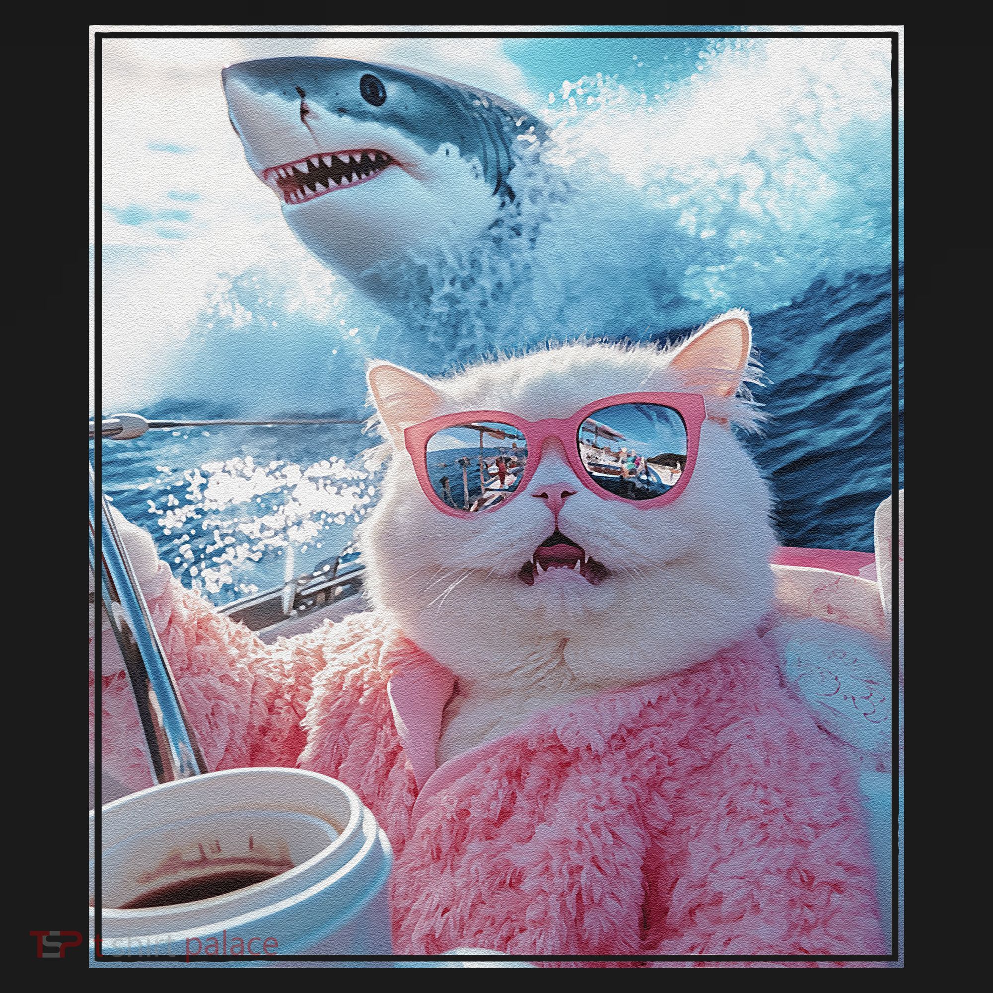 Cool Relaxed Cat on a Yacht Boat with Shark Funny Cat Meme Women's Hoodie