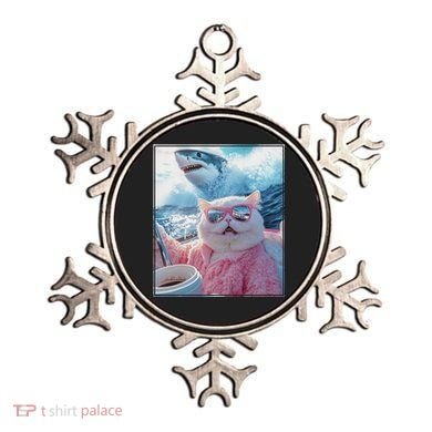 Cool Relaxed Cat on a Yacht Boat with Shark Funny Cat Meme Ornament