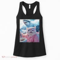 Cool Relaxed Cat on a Yacht Boat with Shark Funny Cat Meme Women's Tank Top thumb 0