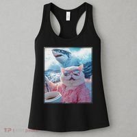 Cool Relaxed Cat on a Yacht Boat with Shark Funny Cat Meme Women's Tank Top thumb 3