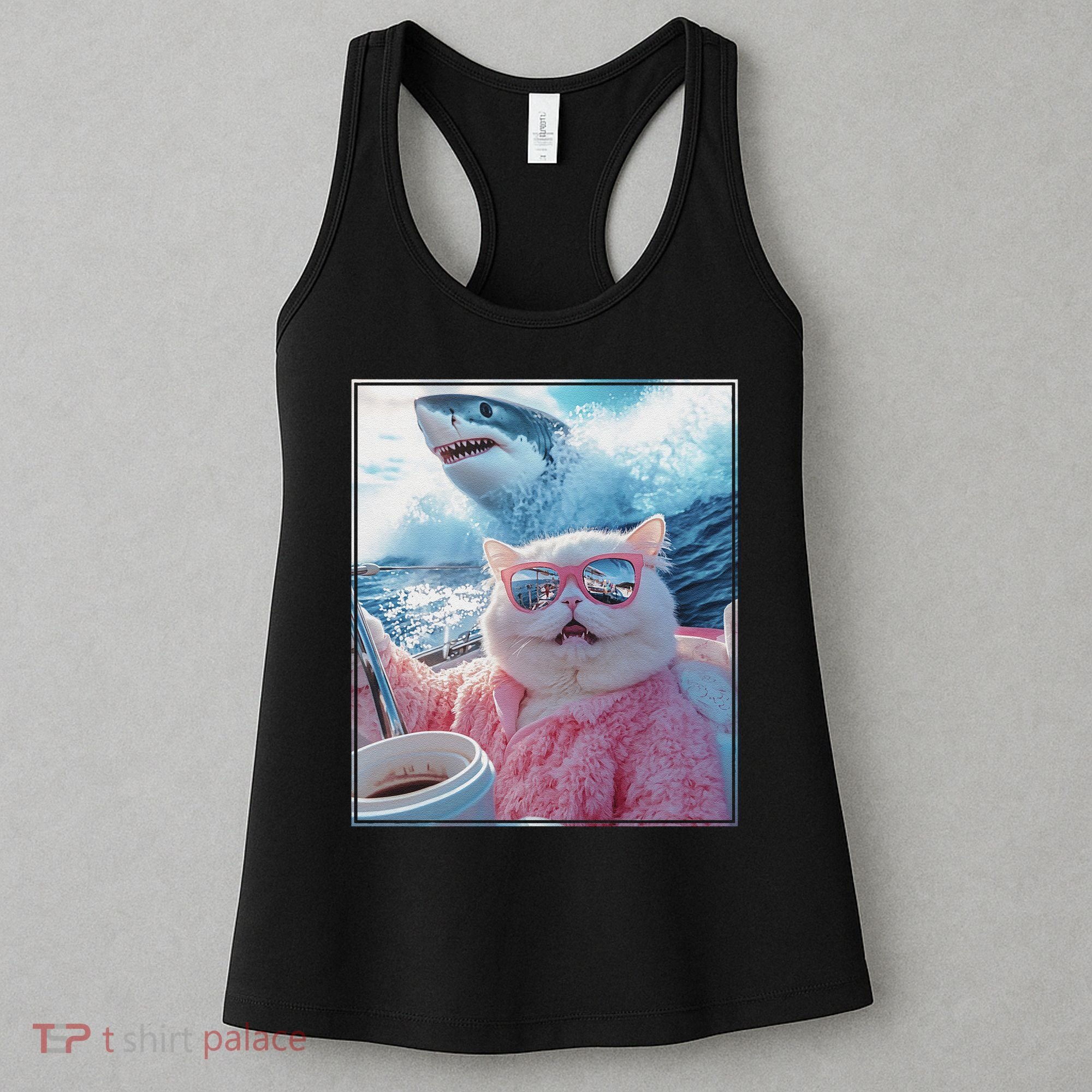 Cool Relaxed Cat on a Yacht Boat with Shark Funny Cat Meme Women's Tank Top