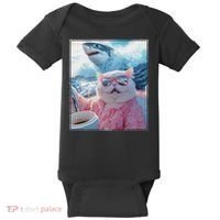 Cool Relaxed Cat on a Yacht Boat with Shark Funny Cat Meme Baby Bodysuit thumb 0