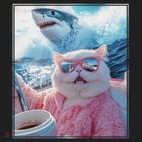 Cool Relaxed Cat on a Yacht Boat with Shark Funny Cat Meme Hat thumb 2
