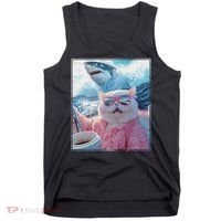 Cool Relaxed Cat on a Yacht Boat with Shark Funny Cat Meme Tank Top thumb 0
