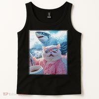 Cool Relaxed Cat on a Yacht Boat with Shark Funny Cat Meme Tank Top thumb 2