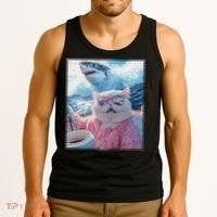 Cool Relaxed Cat on a Yacht Boat with Shark Funny Cat Meme Tank Top thumb 3