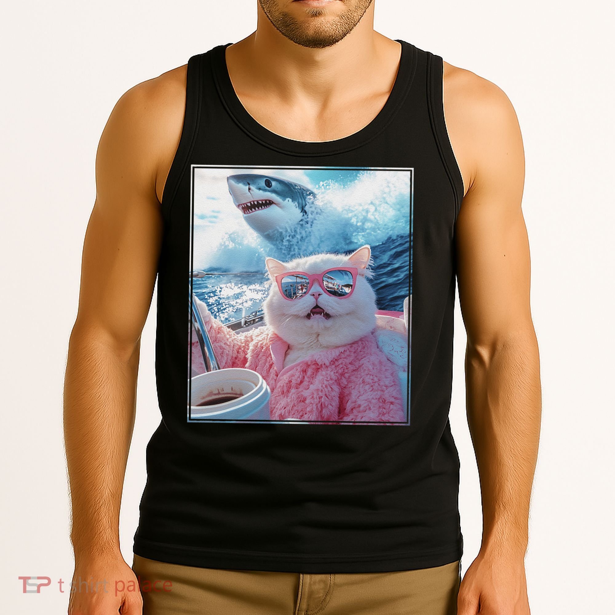 Cool Relaxed Cat on a Yacht Boat with Shark Funny Cat Meme Tank Top