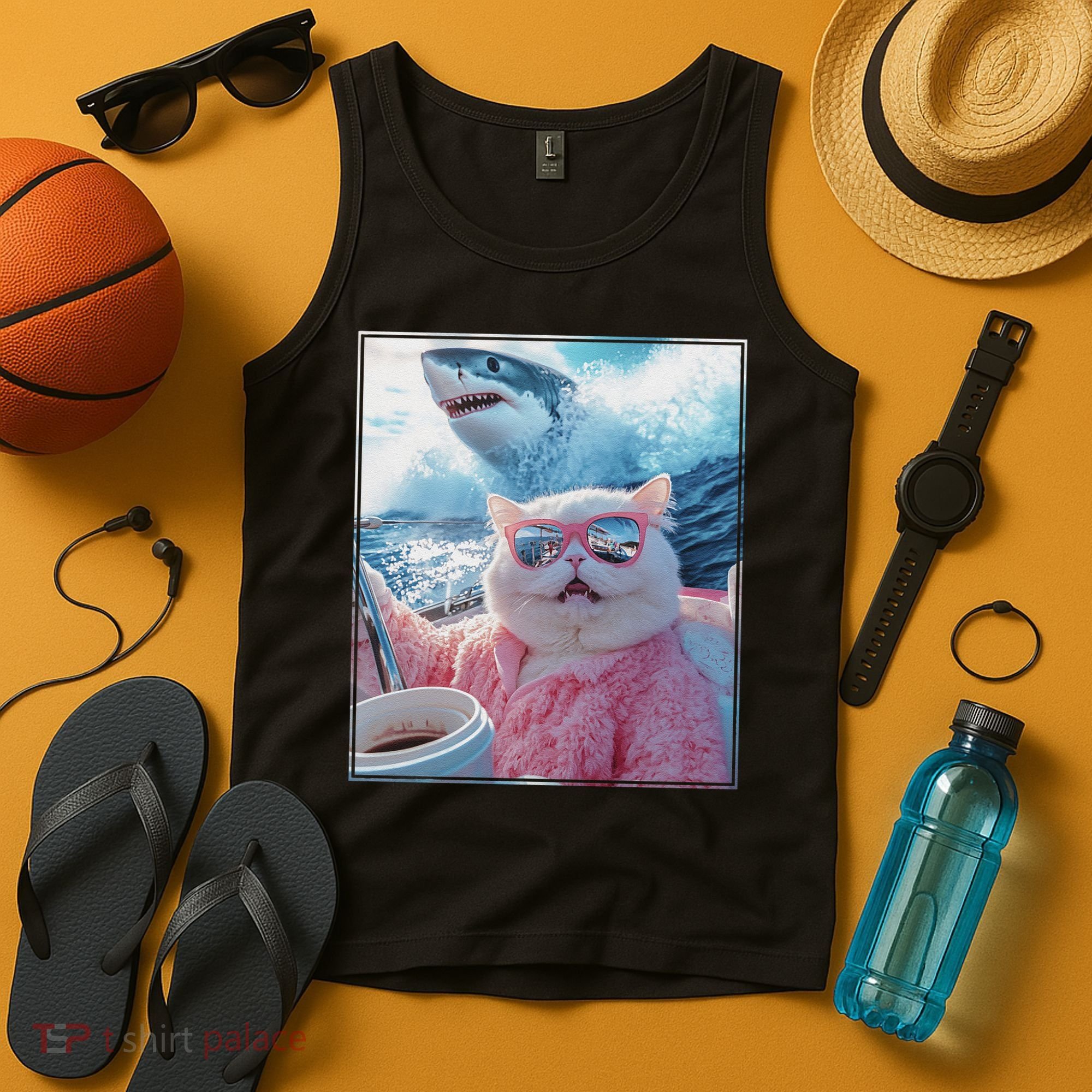 Cool Relaxed Cat on a Yacht Boat with Shark Funny Cat Meme Tank Top