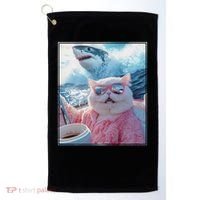 Cool Relaxed Cat on a Yacht Boat with Shark Funny Cat Meme Golf Towel thumb 0