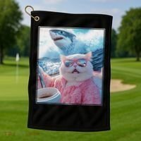 Cool Relaxed Cat on a Yacht Boat with Shark Funny Cat Meme Golf Towel thumb 1