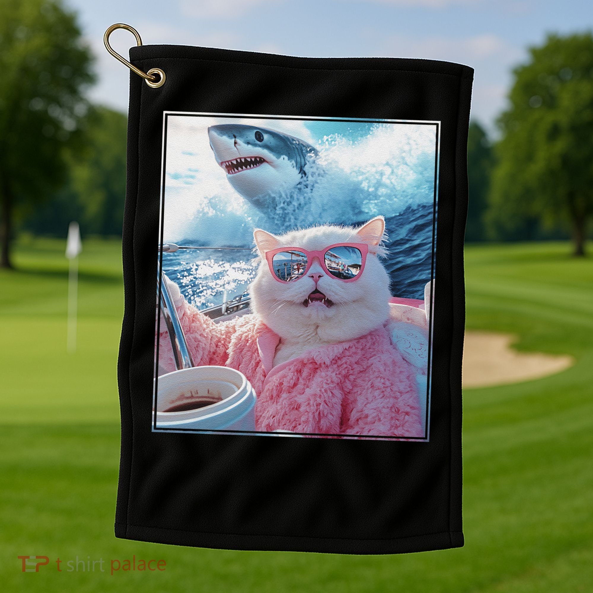 Cool Relaxed Cat on a Yacht Boat with Shark Funny Cat Meme Golf Towel