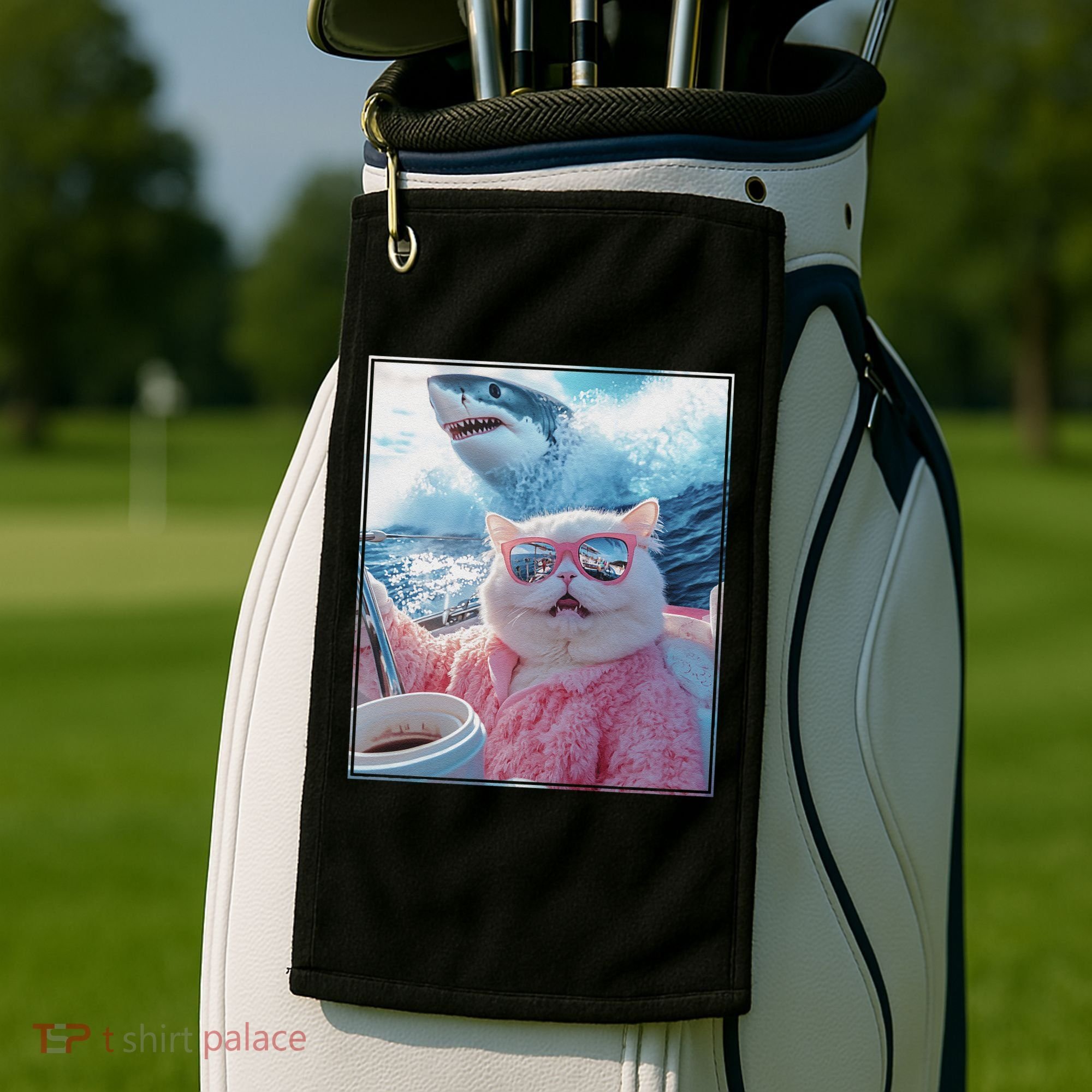 Cool Relaxed Cat on a Yacht Boat with Shark Funny Cat Meme Golf Towel