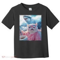 Cool Relaxed Cat on a Yacht Boat with Shark Funny Cat Meme Toddler T-Shirt thumb 0