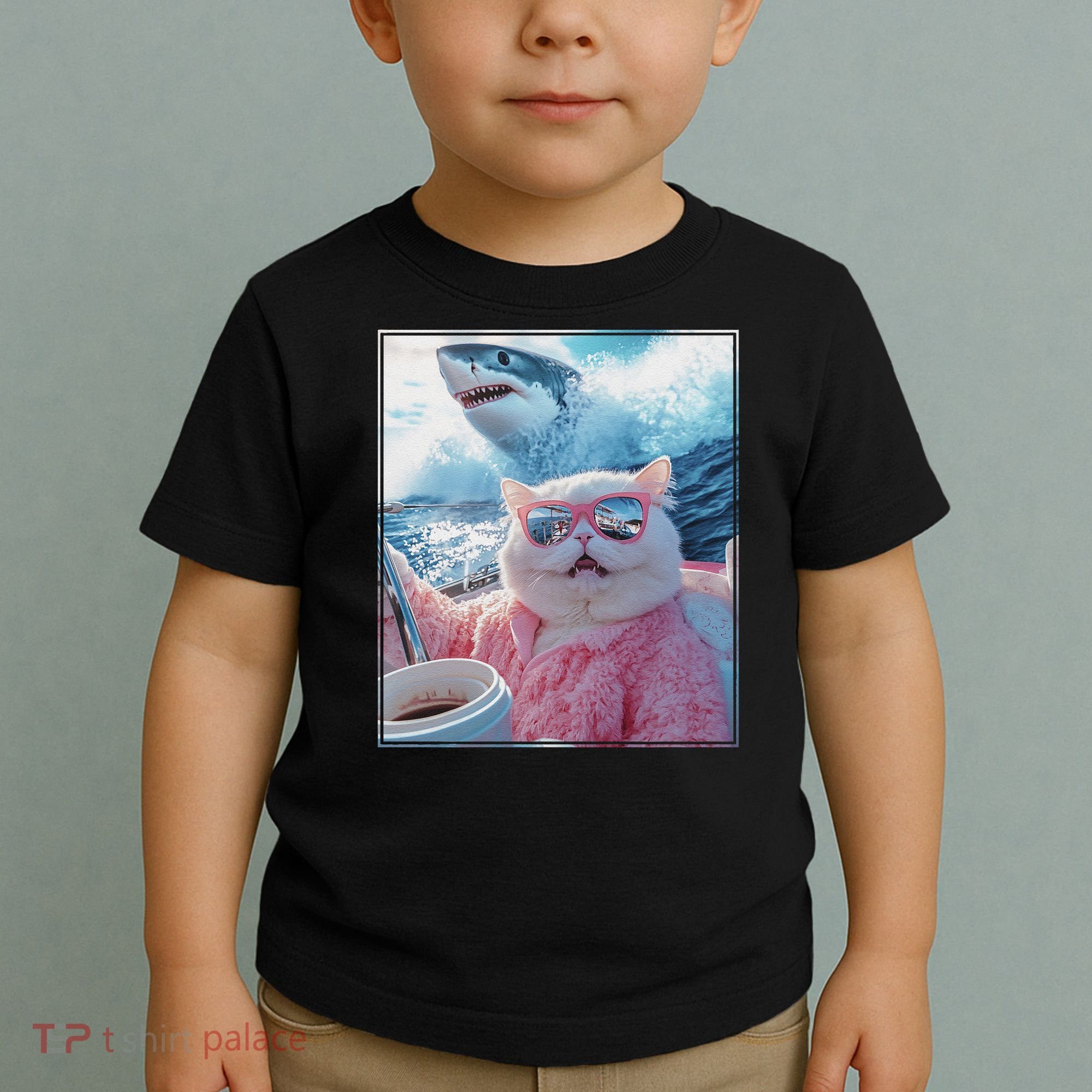 Cool Relaxed Cat on a Yacht Boat with Shark Funny Cat Meme Toddler T-Shirt
