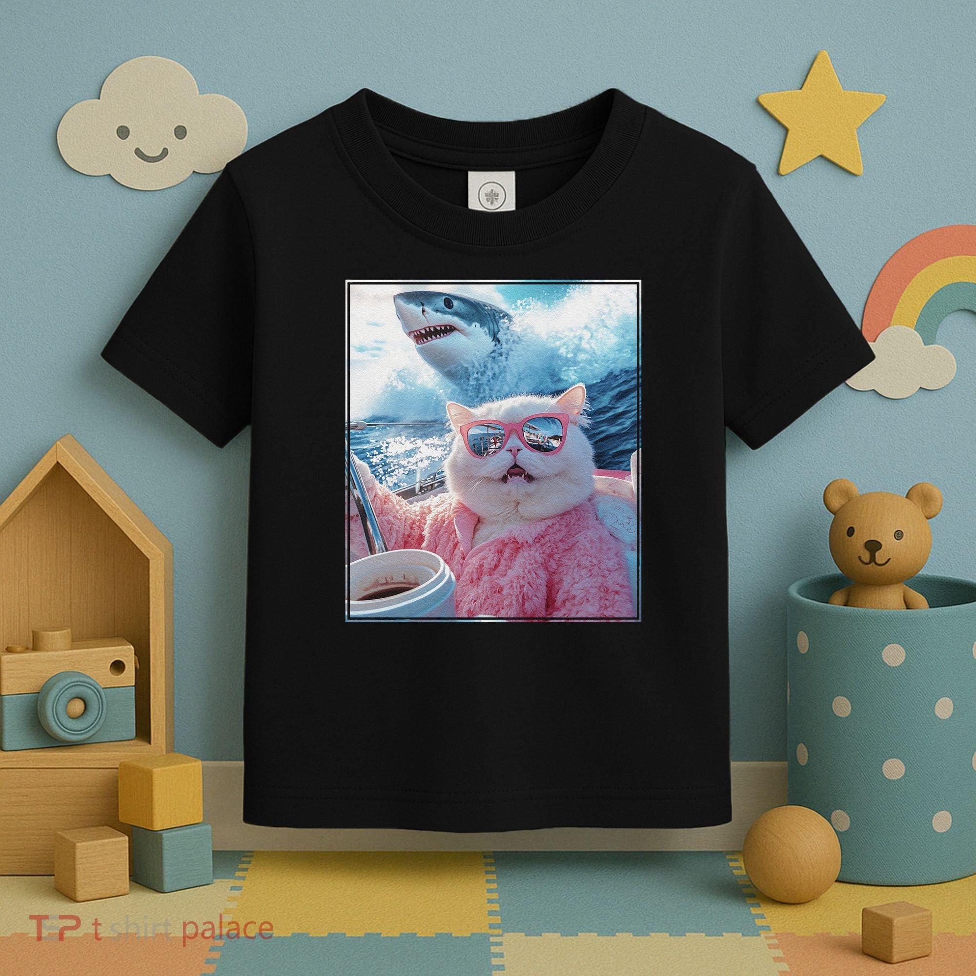 Cool Relaxed Cat on a Yacht Boat with Shark Funny Cat Meme Toddler T-Shirt