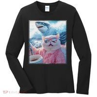 Cool Relaxed Cat on a Yacht Boat with Shark Funny Cat Meme Women's Long Sleeve Shirt thumb 0