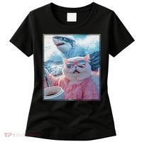 Cool Relaxed Cat on a Yacht Boat with Shark Funny Cat Meme Women's T-Shirt thumb 0