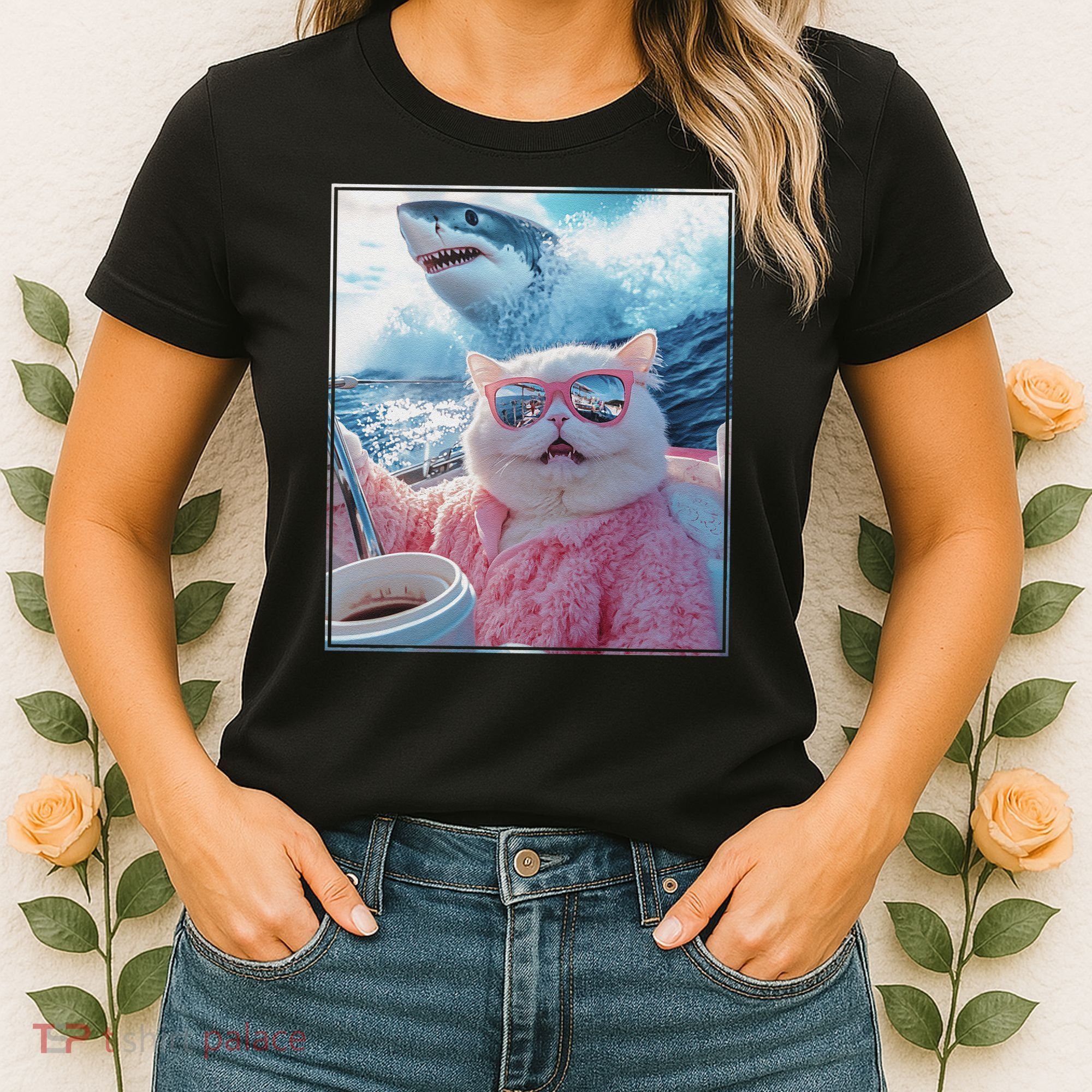 Cool Relaxed Cat on a Yacht Boat with Shark Funny Cat Meme Women's T-Shirt