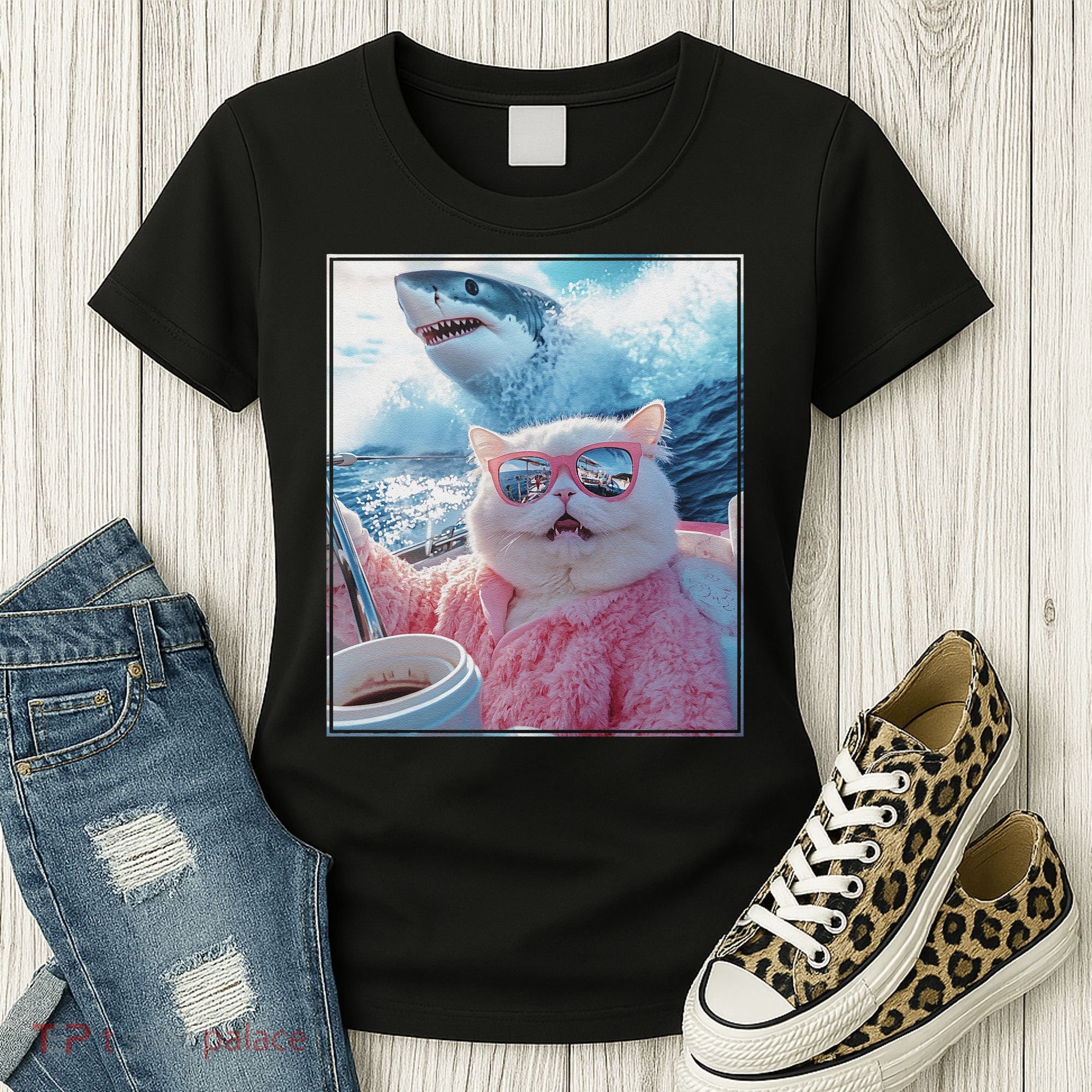 Cool Relaxed Cat on a Yacht Boat with Shark Funny Cat Meme Women's T-Shirt