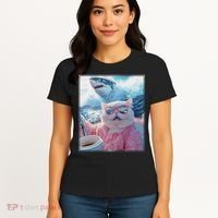 Cool Relaxed Cat on a Yacht Boat with Shark Funny Cat Meme Women's T-Shirt thumb 4