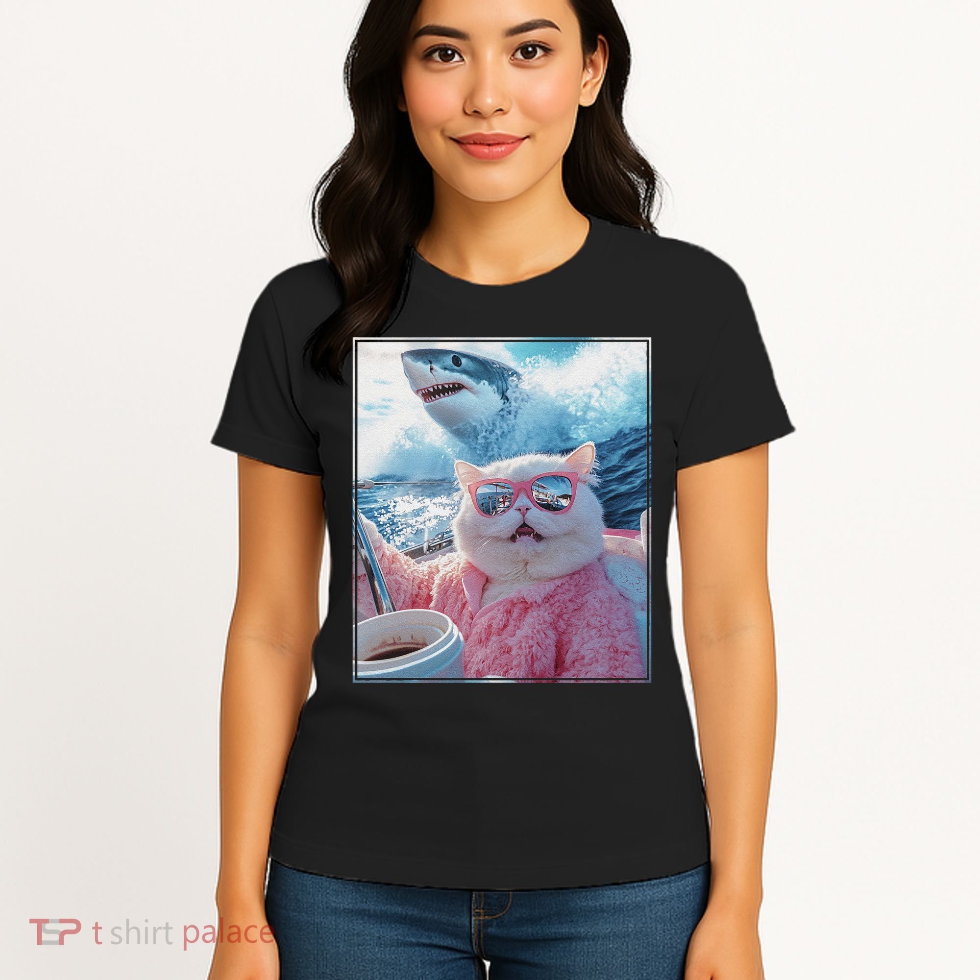Cool Relaxed Cat on a Yacht Boat with Shark Funny Cat Meme Women's T-Shirt