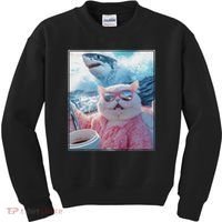 Cool Relaxed Cat on a Yacht Boat with Shark Funny Cat Meme Kids Sweatshirt thumb 0