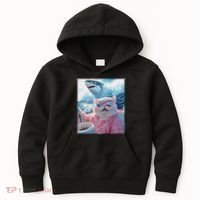 Cool Relaxed Cat on a Yacht Boat with Shark Funny Cat Meme Kids Hoodie thumb 0