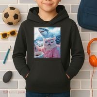 Cool Relaxed Cat on a Yacht Boat with Shark Funny Cat Meme Kids Hoodie thumb 2