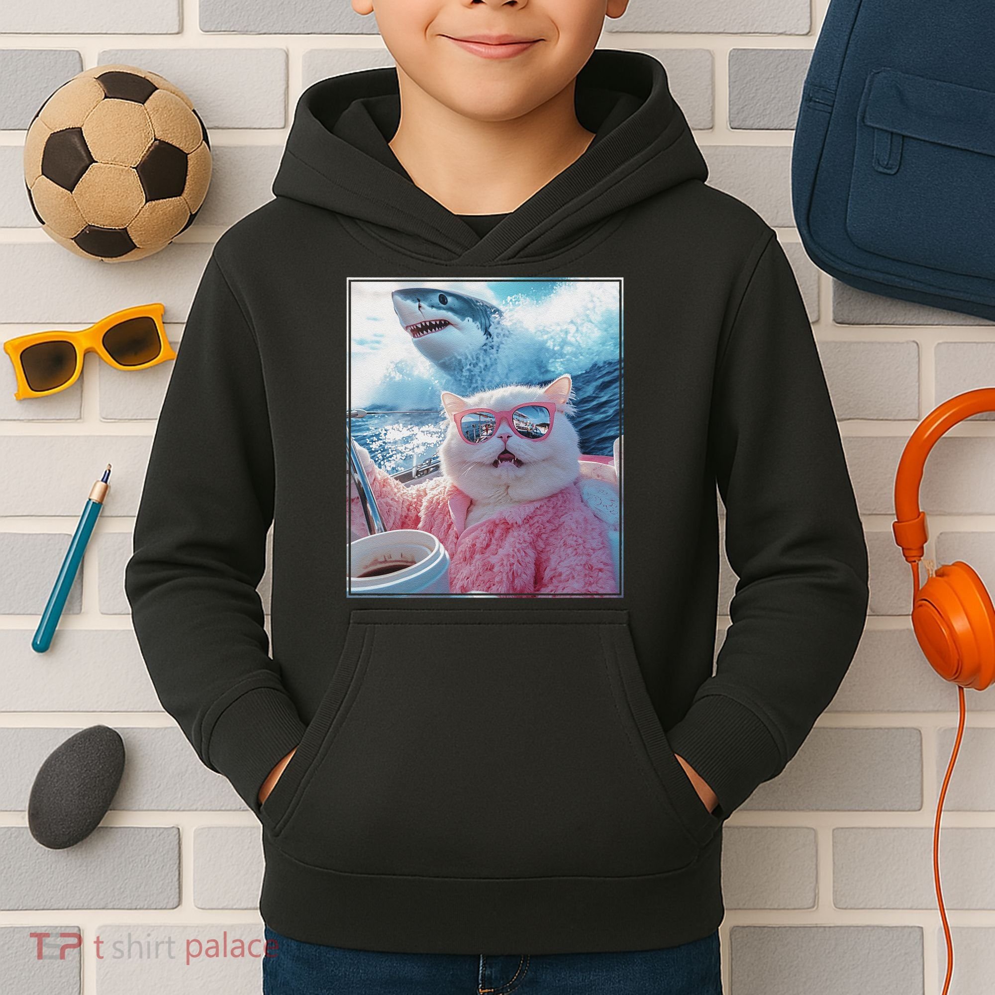 Cool Relaxed Cat on a Yacht Boat with Shark Funny Cat Meme Kids Hoodie