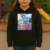 Cool Relaxed Cat on a Yacht Boat with Shark Funny Cat Meme Kids Hoodie thumb 3