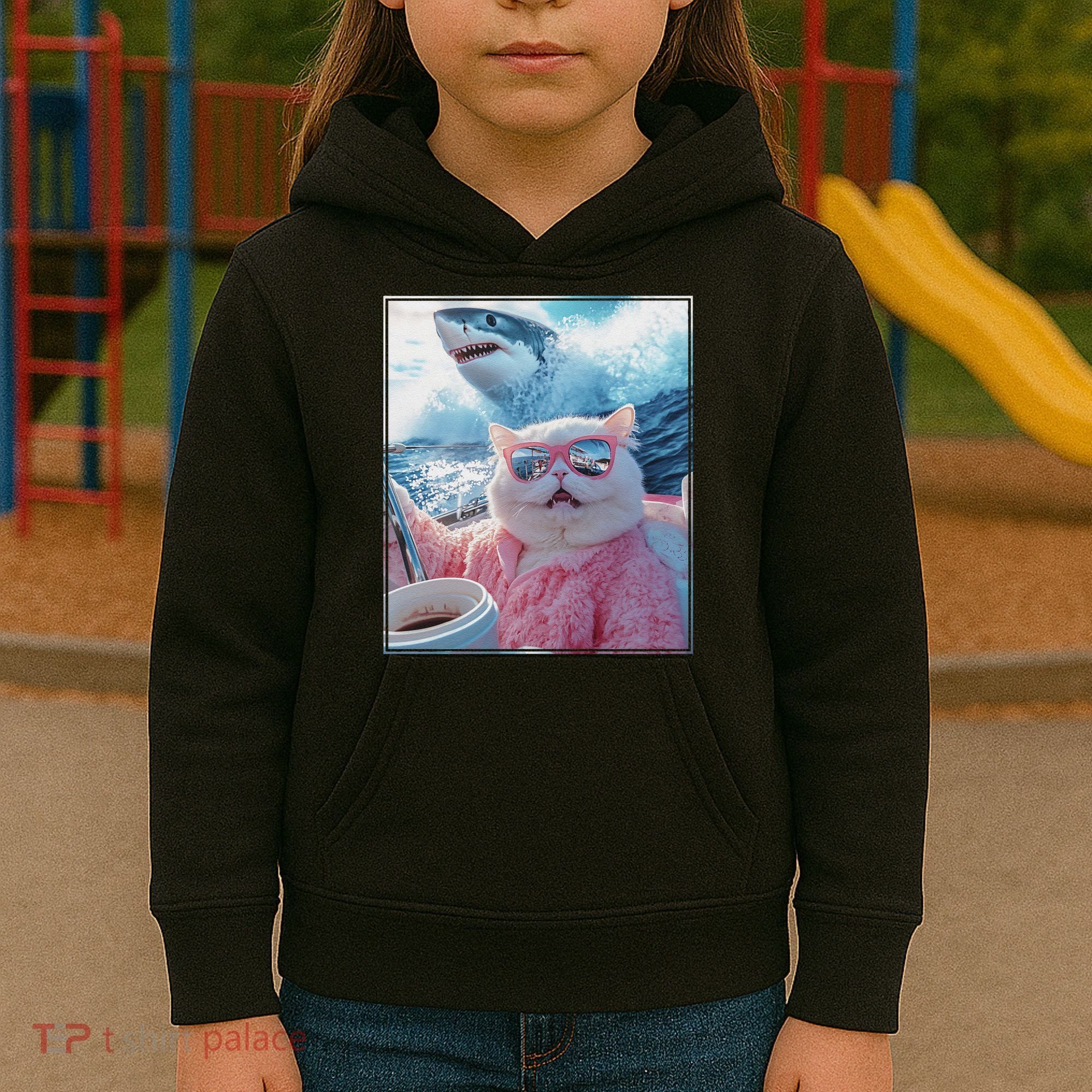 Cool Relaxed Cat on a Yacht Boat with Shark Funny Cat Meme Kids Hoodie