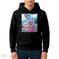 Cool Relaxed Cat on a Yacht Boat with Shark Funny Cat Meme Kids Hoodie thumb 4