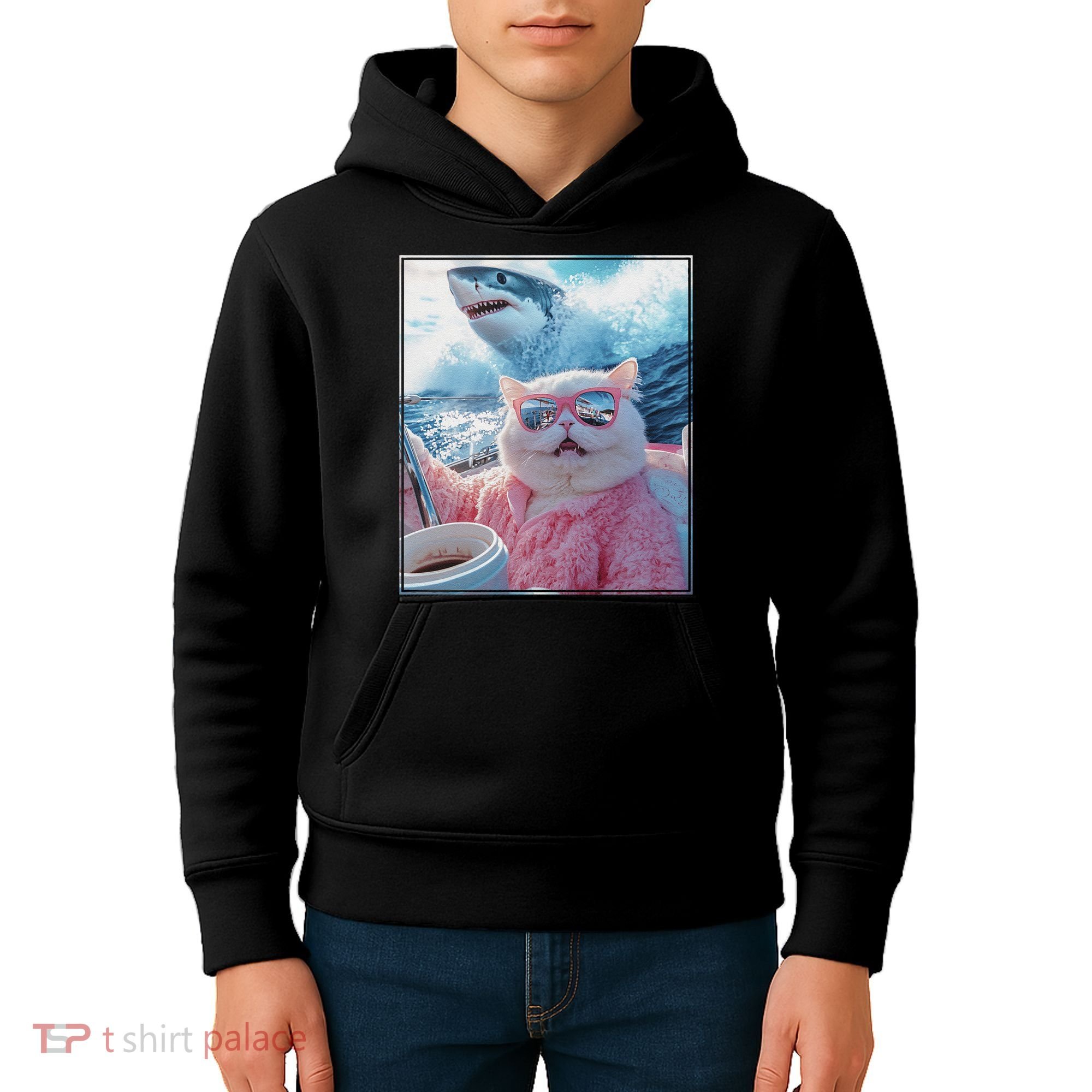 Cool Relaxed Cat on a Yacht Boat with Shark Funny Cat Meme Kids Hoodie