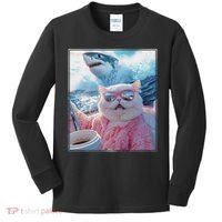 Cool Relaxed Cat on a Yacht Boat with Shark Funny Cat Meme Kids Long Sleeve Shirt thumb 0