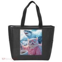 Cool Relaxed Cat on a Yacht Boat with Shark Funny Cat Meme Tote Bag thumb 0