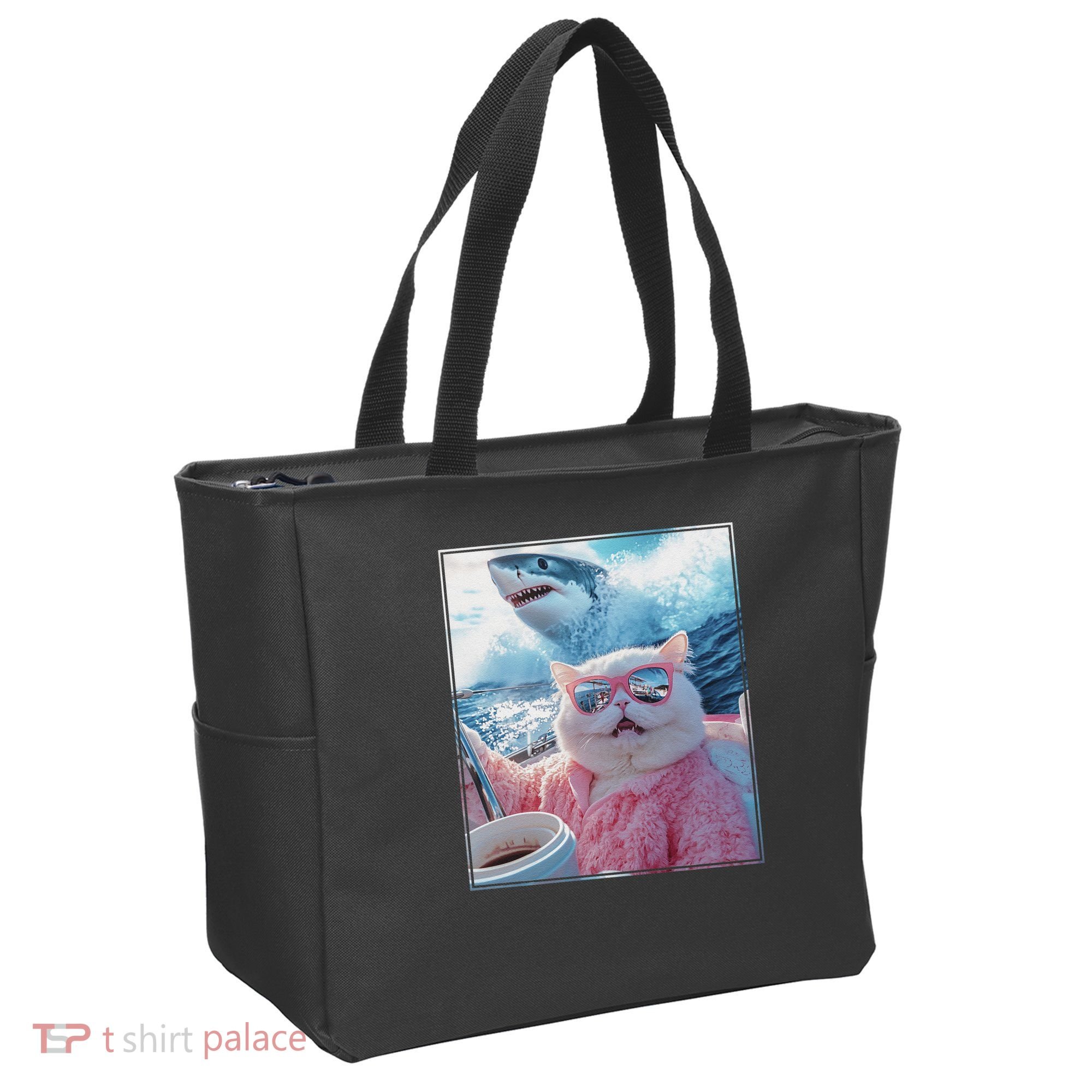 Cool Relaxed Cat on a Yacht Boat with Shark Funny Cat Meme Tote Bag
