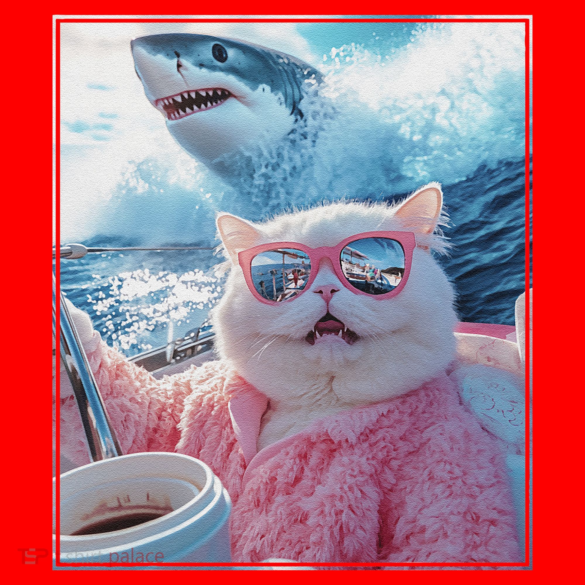 Cool Relaxed Cat on a Yacht Boat with Shark Funny Cat Meme Santa Hat