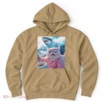 Cool Relaxed Cat on a Yacht Boat with Shark Funny Cat Meme Hoodie thumb 0