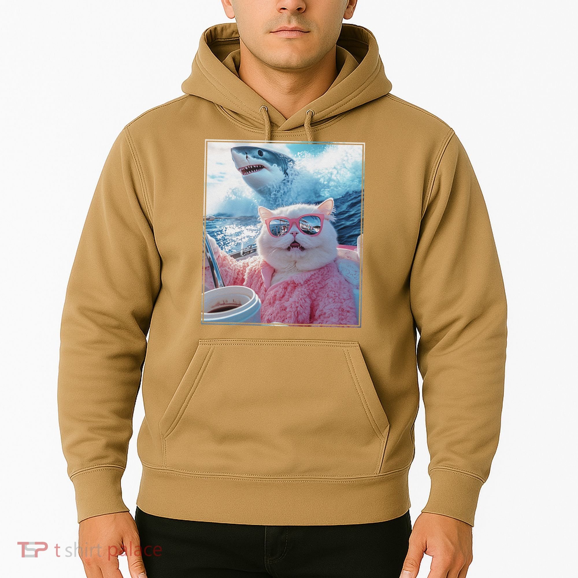 Cool Relaxed Cat on a Yacht Boat with Shark Funny Cat Meme Hoodie