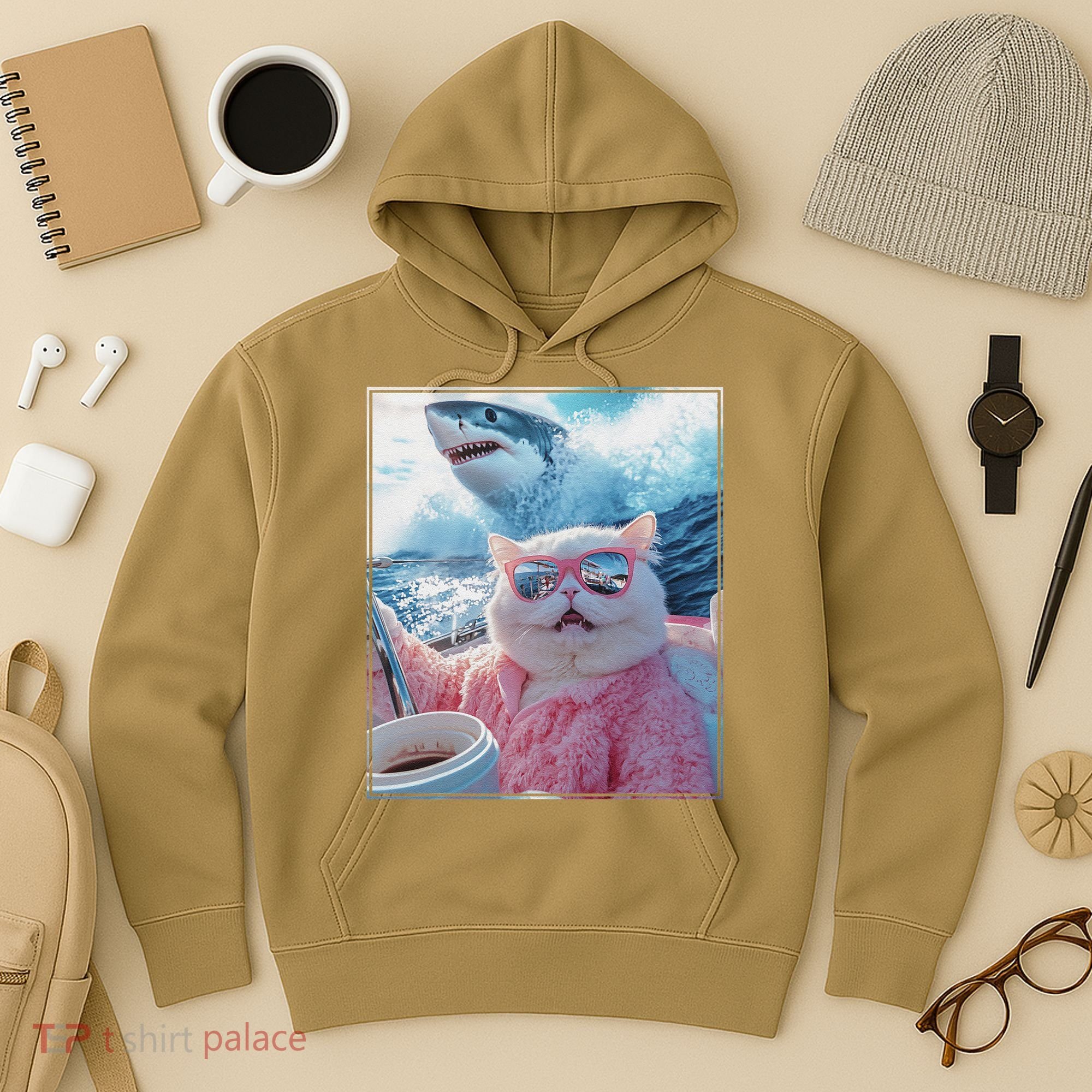 Cool Relaxed Cat on a Yacht Boat with Shark Funny Cat Meme Hoodie