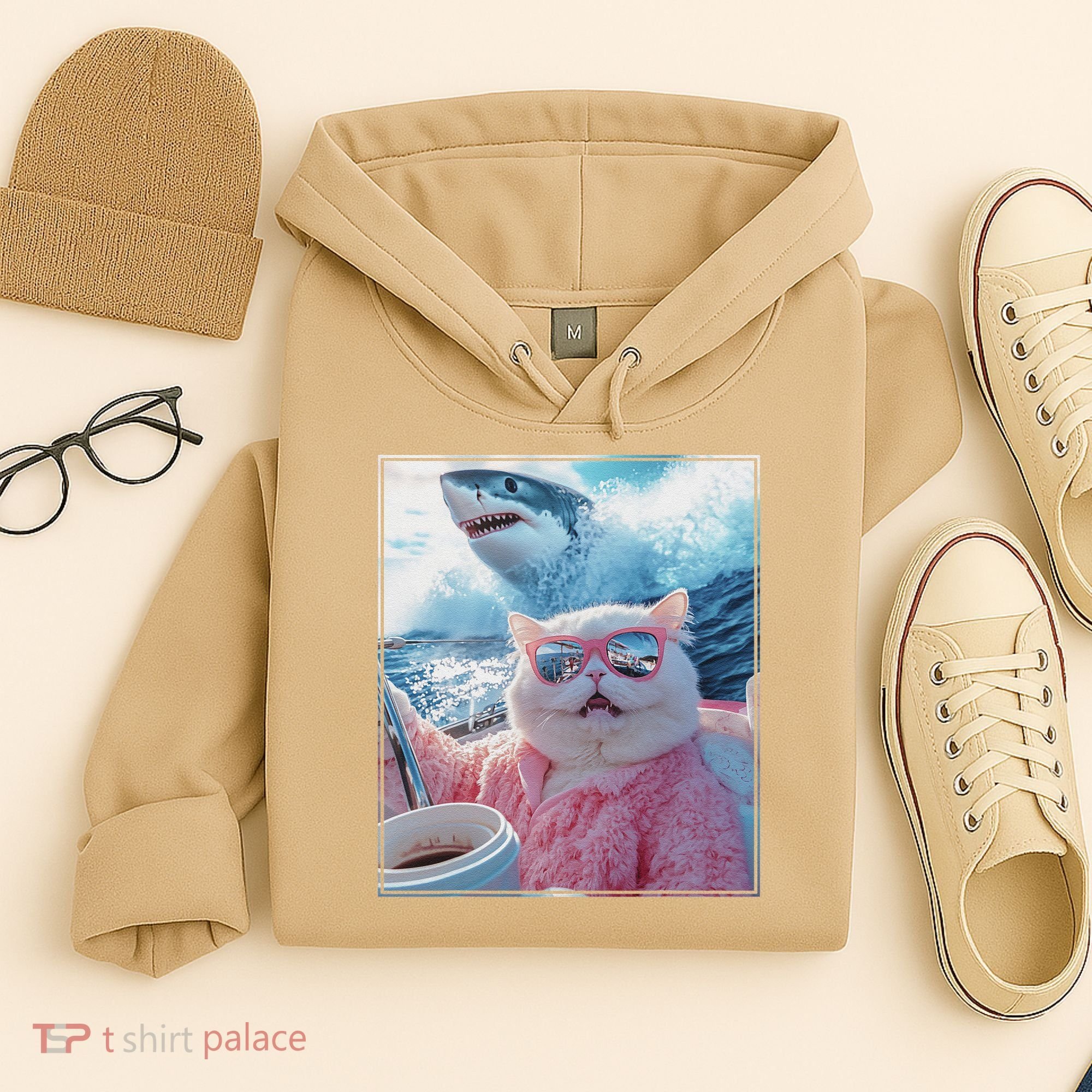 Cool Relaxed Cat on a Yacht Boat with Shark Funny Cat Meme Hoodie