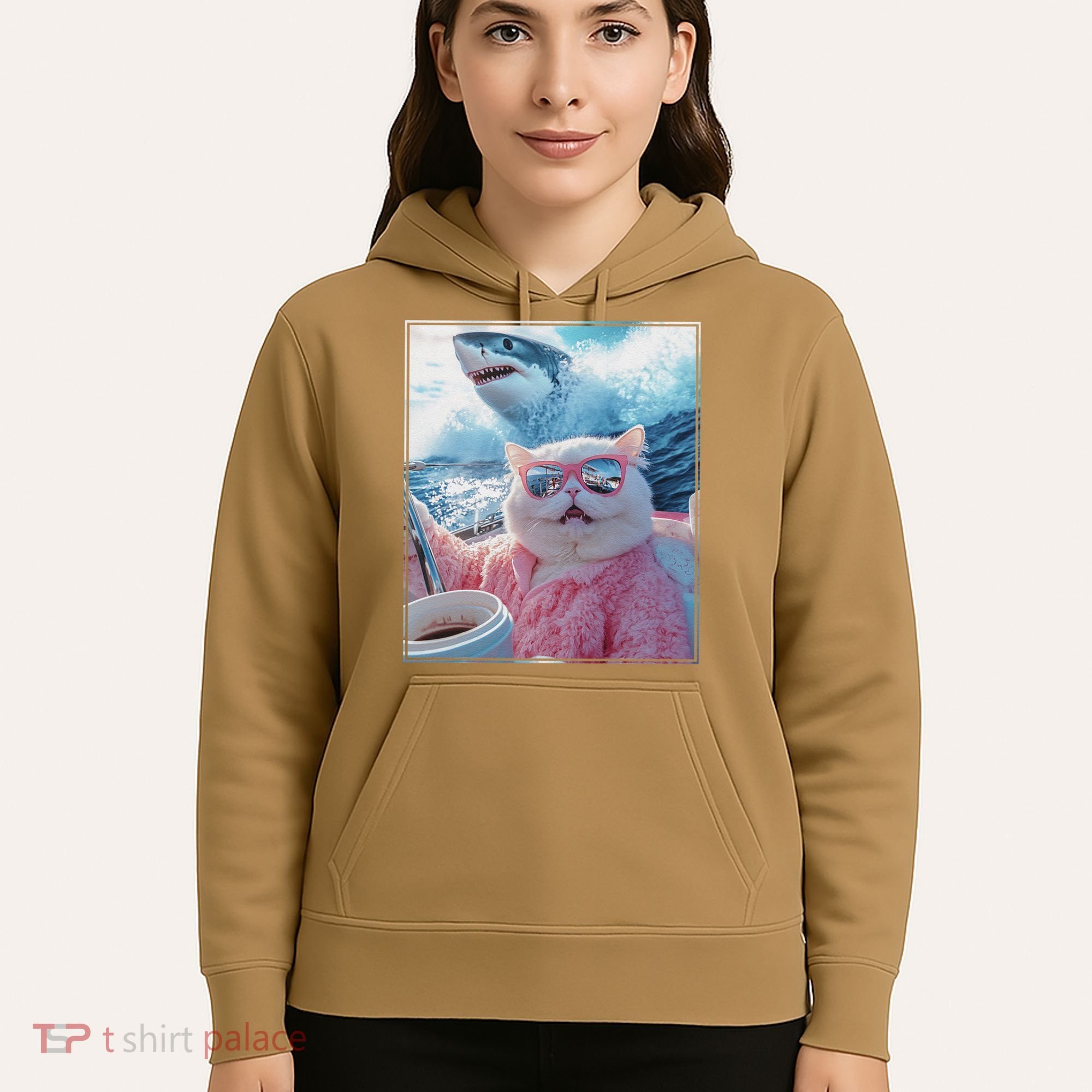 Cool Relaxed Cat on a Yacht Boat with Shark Funny Cat Meme Hoodie