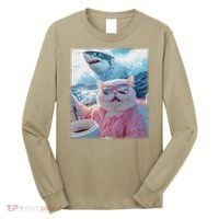 Cool Relaxed Cat on a Yacht Boat with Shark Funny Cat Meme Long Sleeve Shirt thumb 0