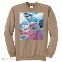 Cool Relaxed Cat on a Yacht Boat with Shark Funny Cat Meme Sweatshirt thumb 0