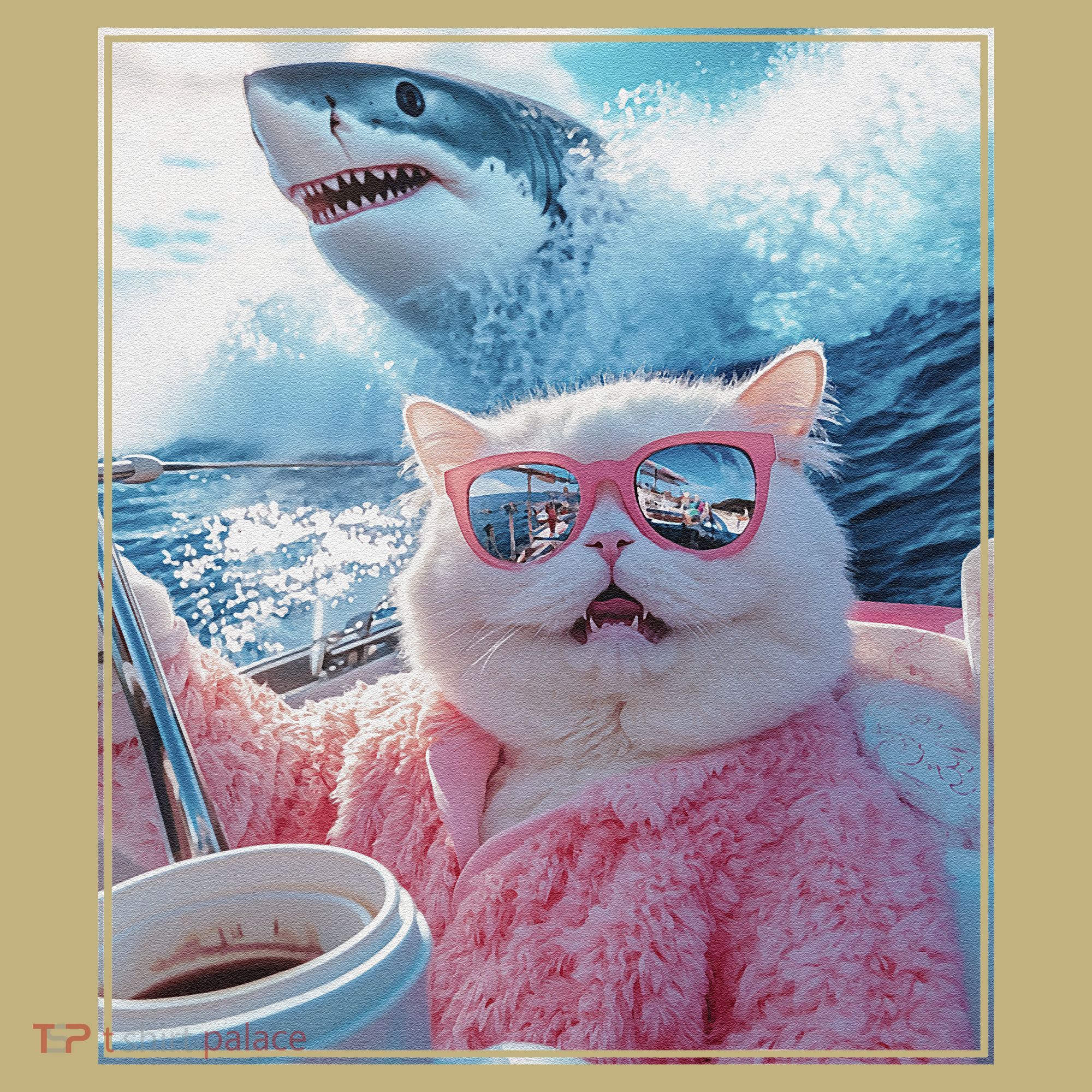 Cool Relaxed Cat on a Yacht Boat with Shark Funny Cat Meme Sweatshirt