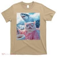 Cool Relaxed Cat on a Yacht Boat with Shark Funny Cat Meme T-Shirt thumb 0