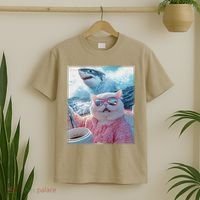 Cool Relaxed Cat on a Yacht Boat with Shark Funny Cat Meme T-Shirt thumb 2