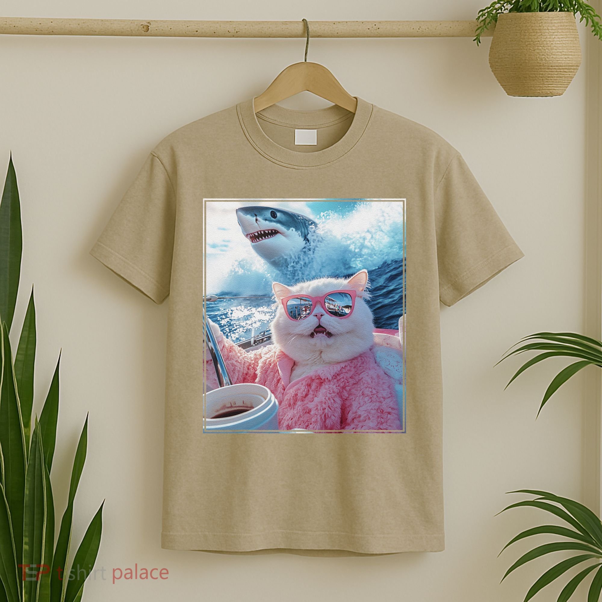 Cool Relaxed Cat on a Yacht Boat with Shark Funny Cat Meme T-Shirt