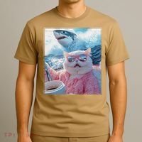 Cool Relaxed Cat on a Yacht Boat with Shark Funny Cat Meme T-Shirt thumb 3